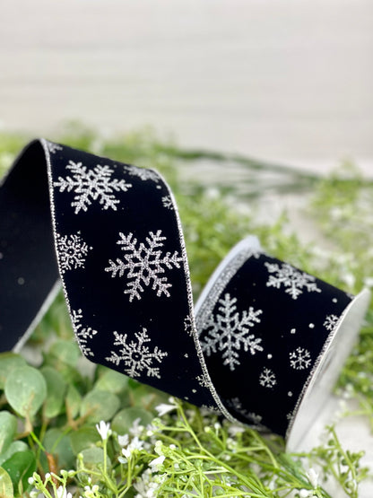 2.5 Inch By 10 Yard Black Background With Silver Glitter Snowflake Ribbon