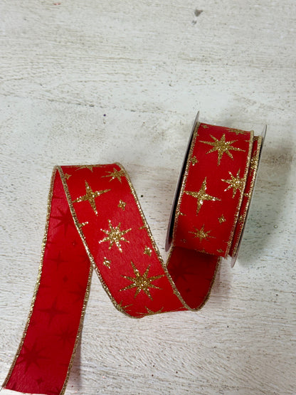 1.5 Inch By 10 Yard Red And Gold Retro Stars Ribbon