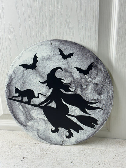 12 Inch Black And Grey Witch Flying By Moon Metal Sign