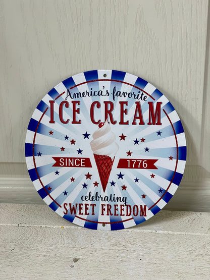 8 Inch Red White Blue Americas Favorite Ice Cream Metal Wreath Sign