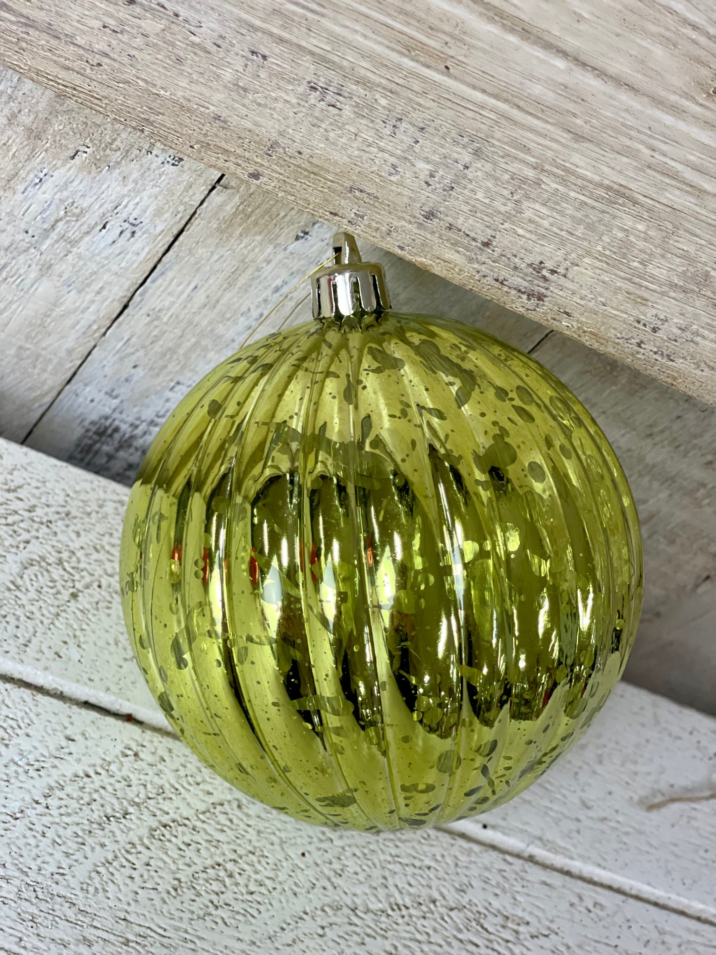 4 Inch Antique Look Shiny Lime Green Vertical Striped Ornament Ball