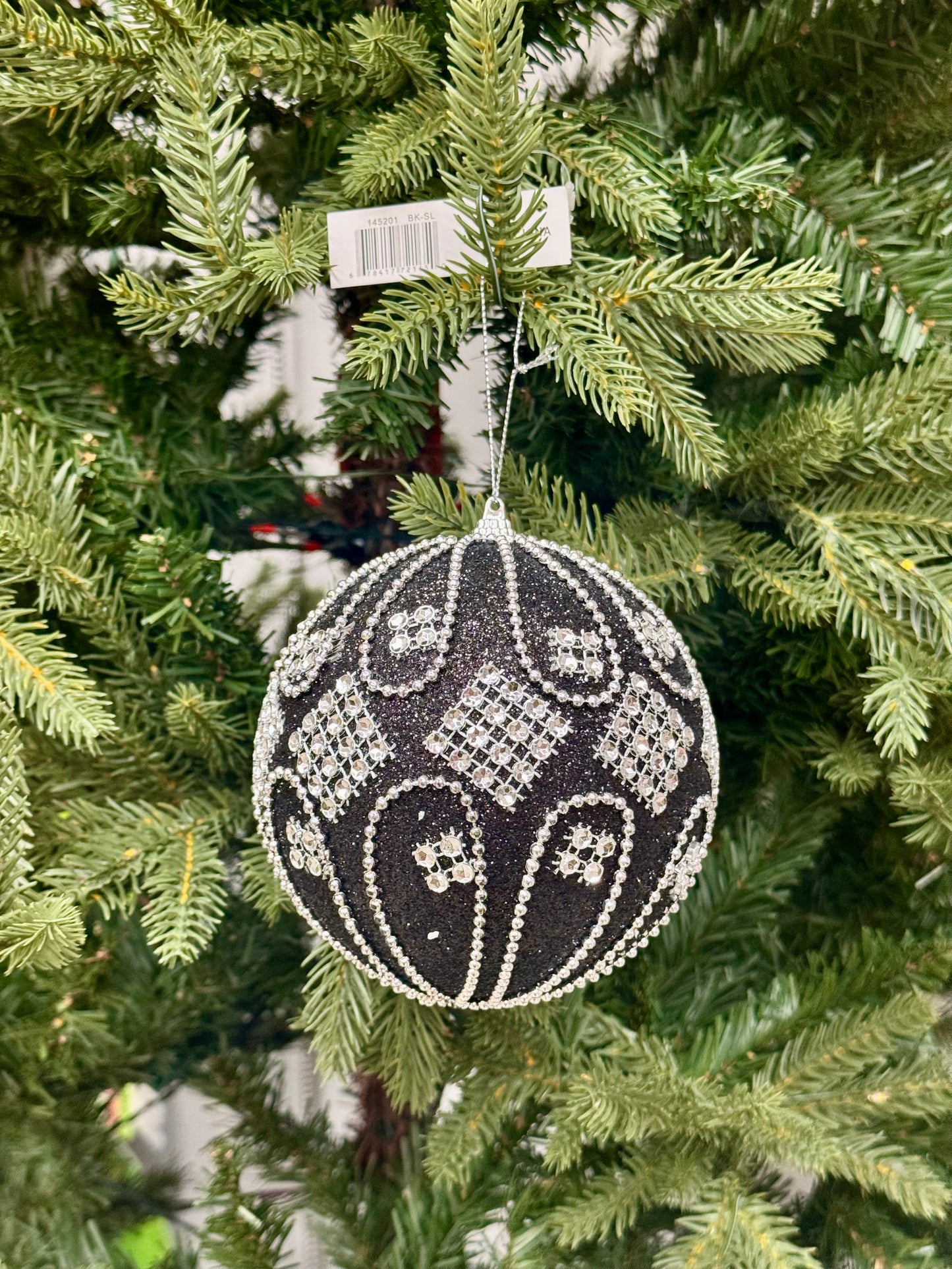 5 Inch Black And Silver Beaded Ornament Ball