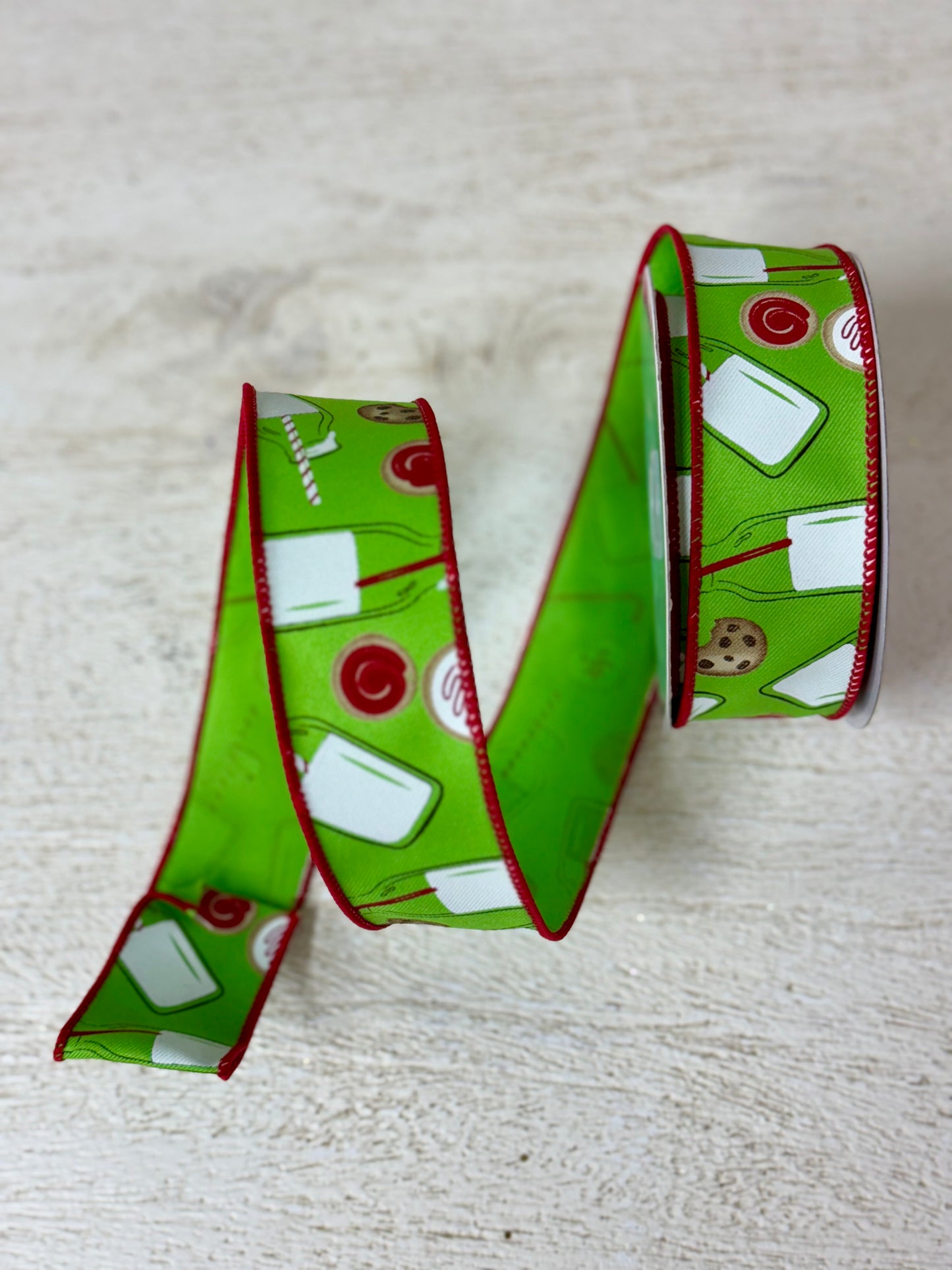 1.5 Inch By 10 Yard Green And Red Milk And Cookies Ribbon