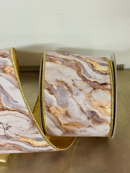 4 Inch By 10 Yard Ivory And Gray Marble Fused Ribbon