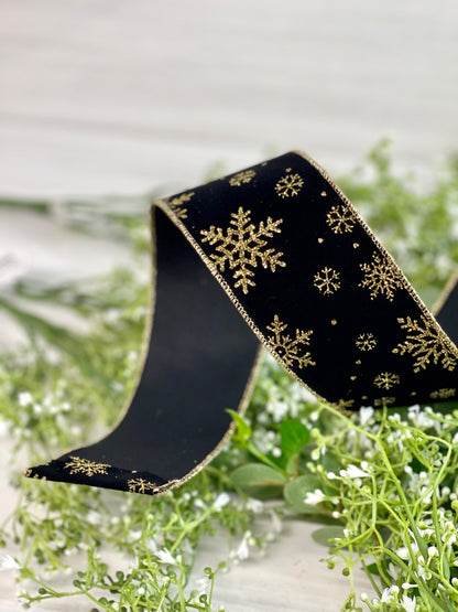 2.5 Inch By 10 Yard Black Background With Gold Snowflakes Ribbon