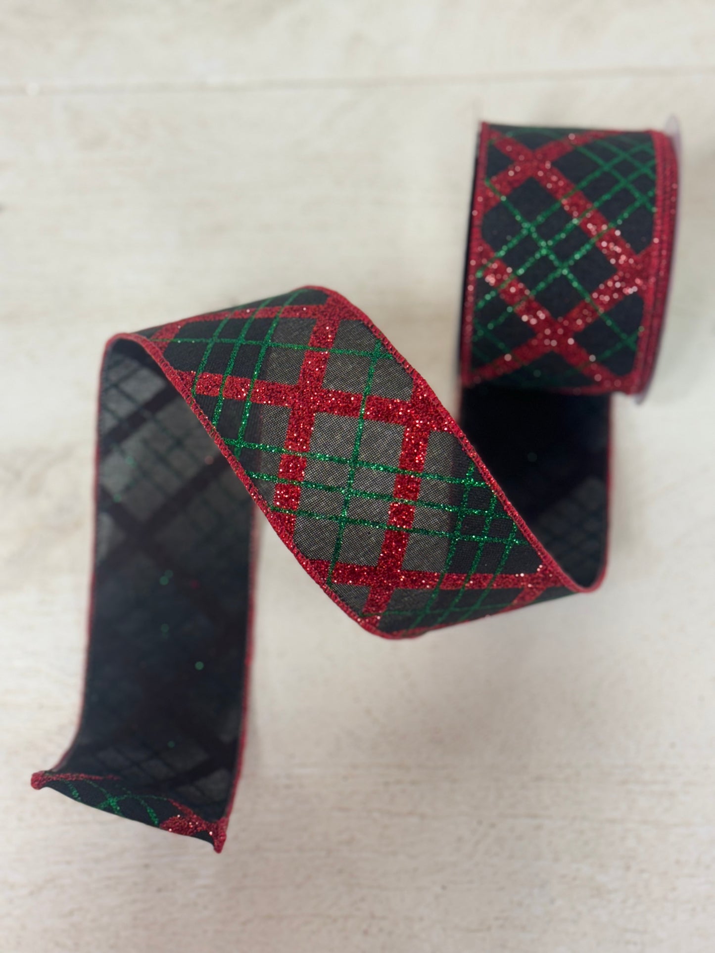 2.5 Inch By 10 Yard Black Red And Emerald Green Diagonal Plaid Ribbon