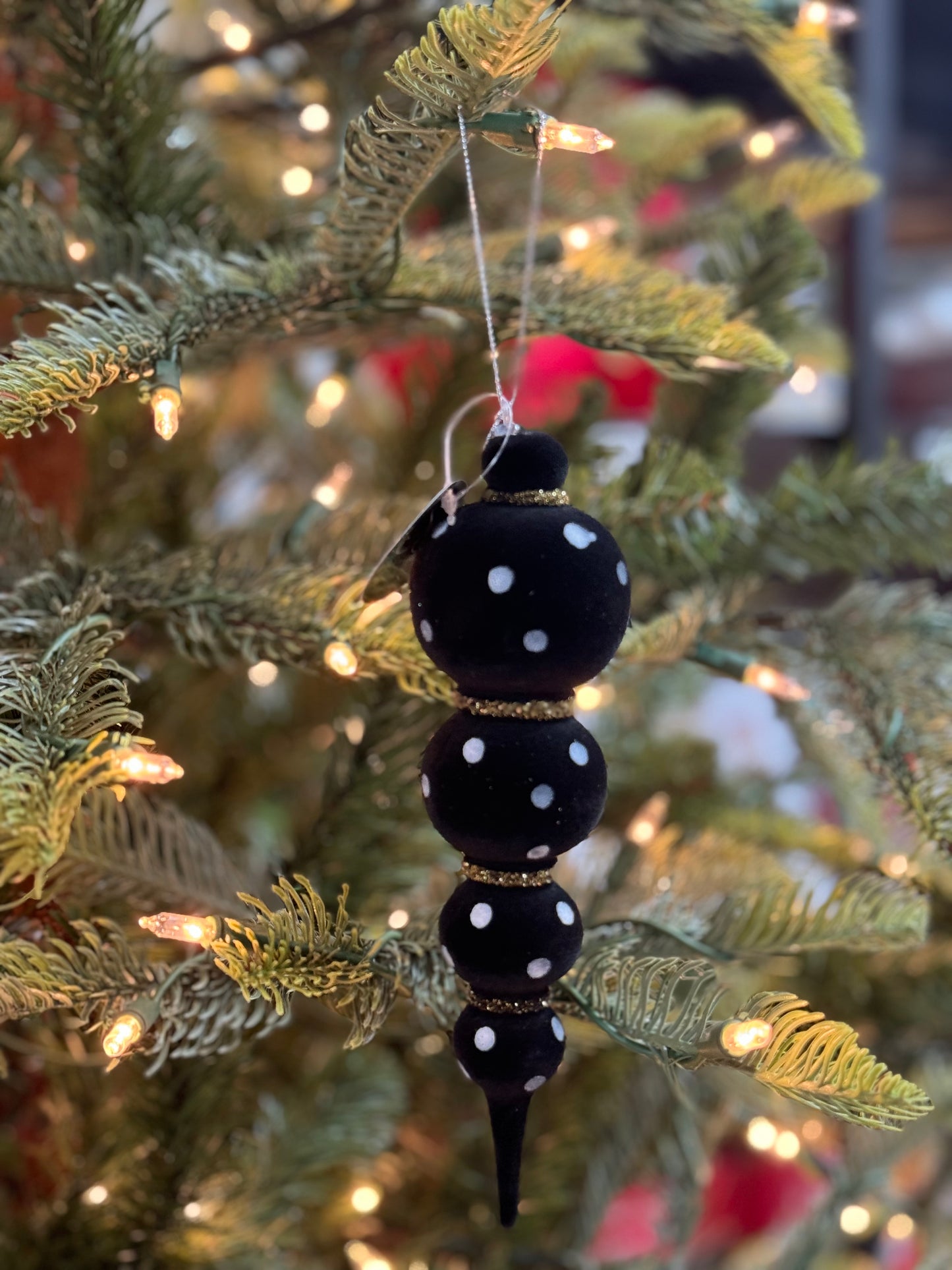 8 Inch Beautifully Black Felt Finial Ornament With White Polka Dots