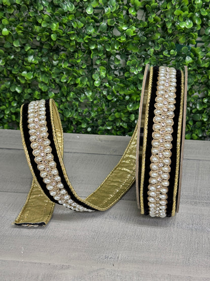 Farrisilk 1.5 Inch By 5 Yard Black Velvet Background With Pearl Details Ribbon