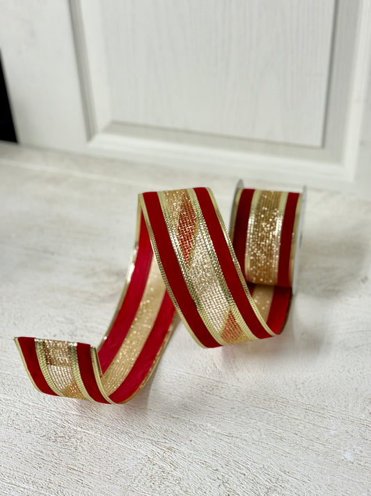 2.5 Inch By 10 Yard Red Velvet With Gold Net Center Ribbon