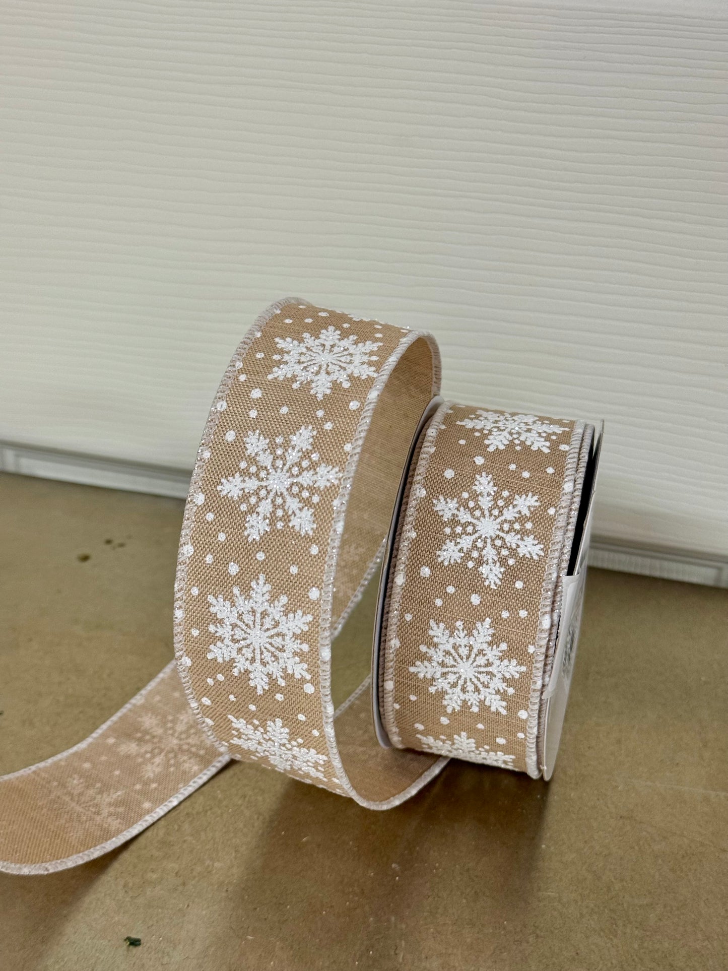 1.5 Inch By 10 Yard Tan And White Snowflake Ribbon