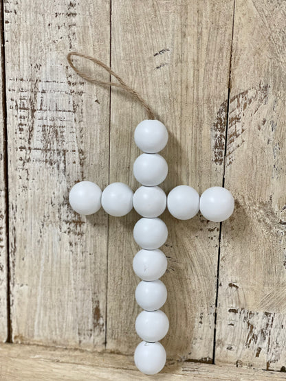 8 Inch White Wood Bead Cross Ornament
