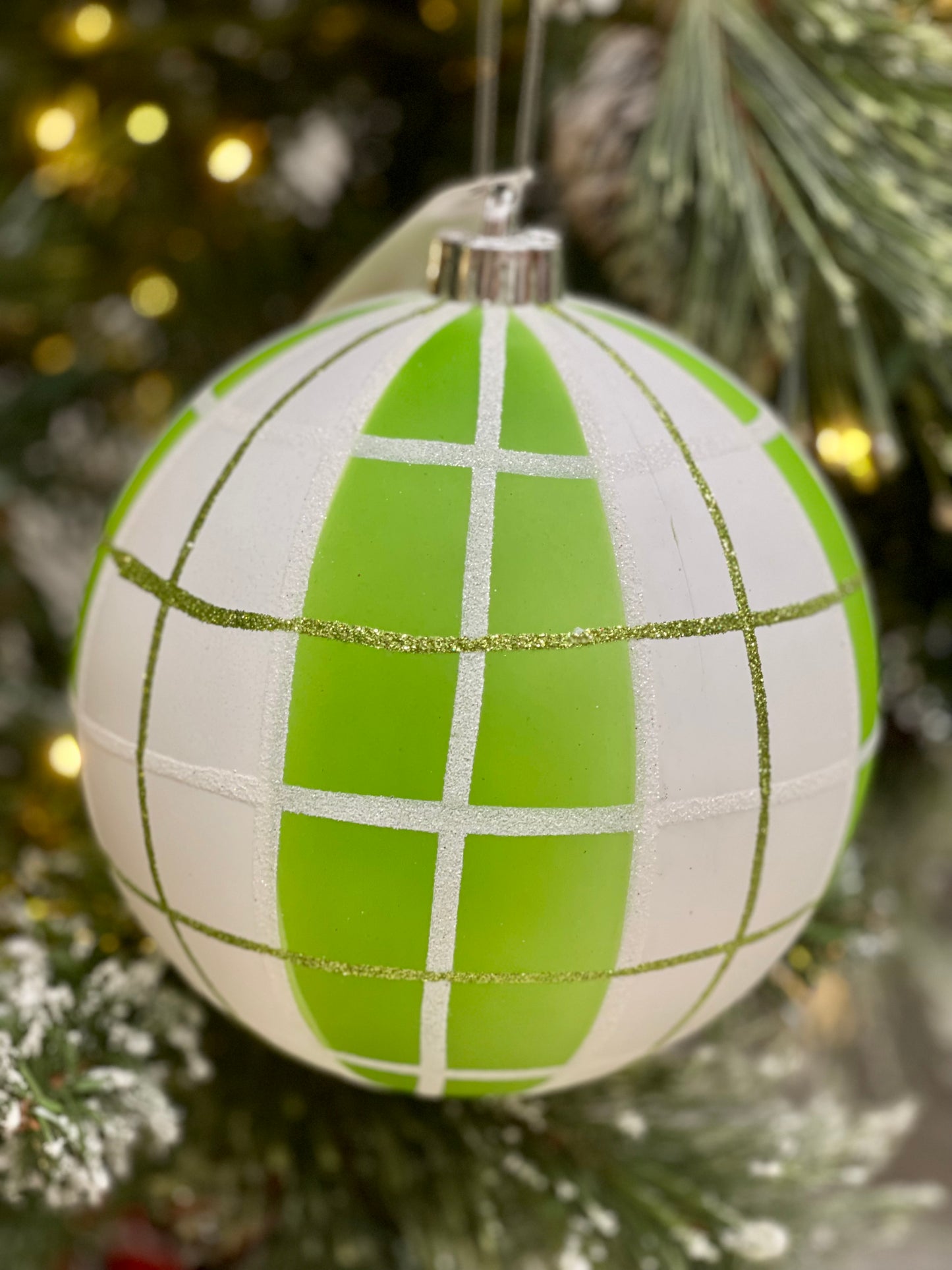 6 Inch Lime And White Plaid Ornament Ball