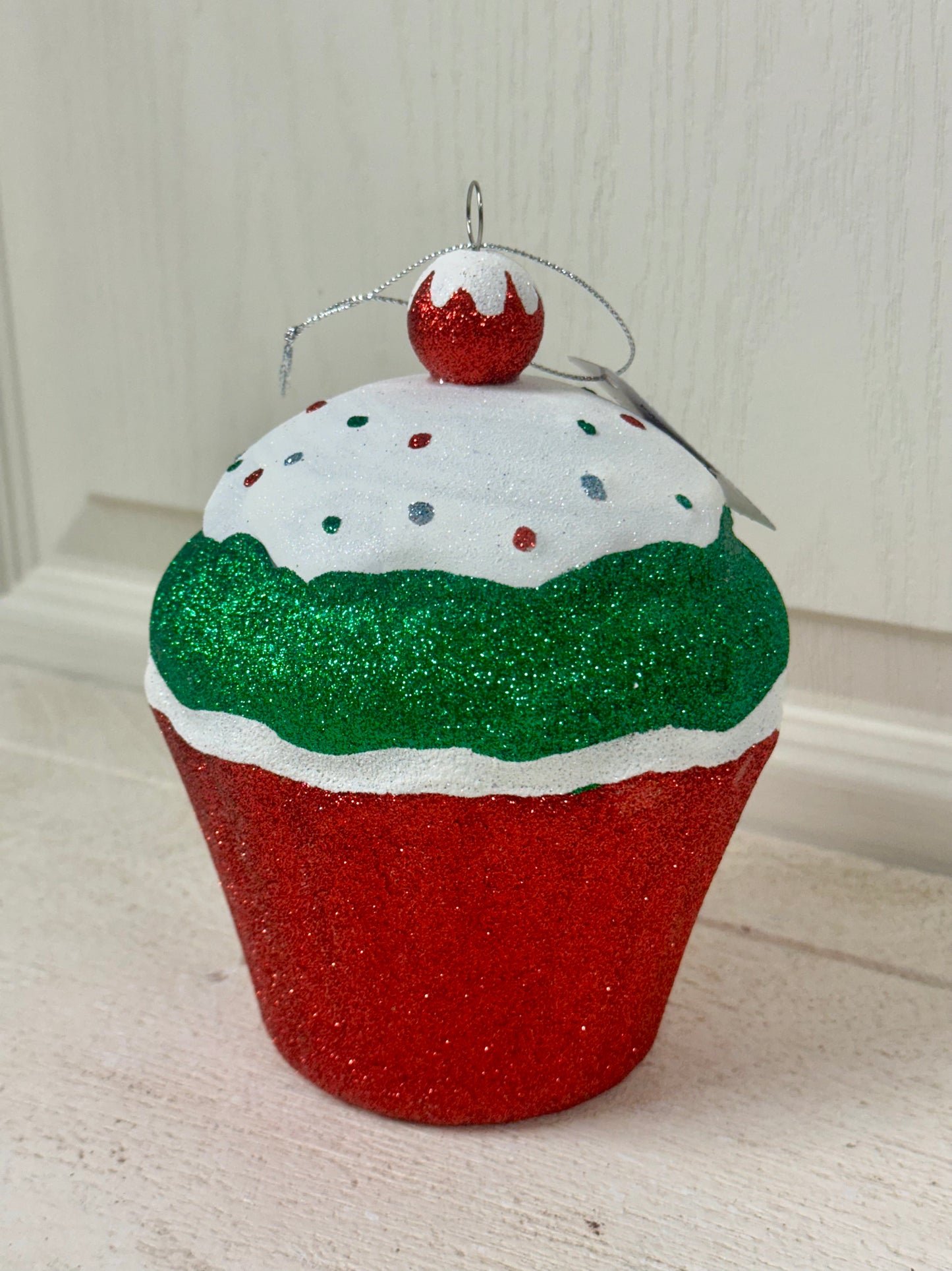 5.5 Inch Red Green Glitter Cupcake Ornament