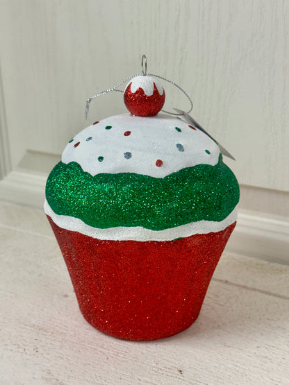 5.5 Inch Red Green Glitter Cupcake Ornament