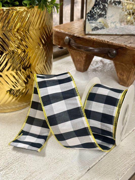 2.5 Inch By 10 Yard Black And White Gingham With Yellow Edging Ribbon