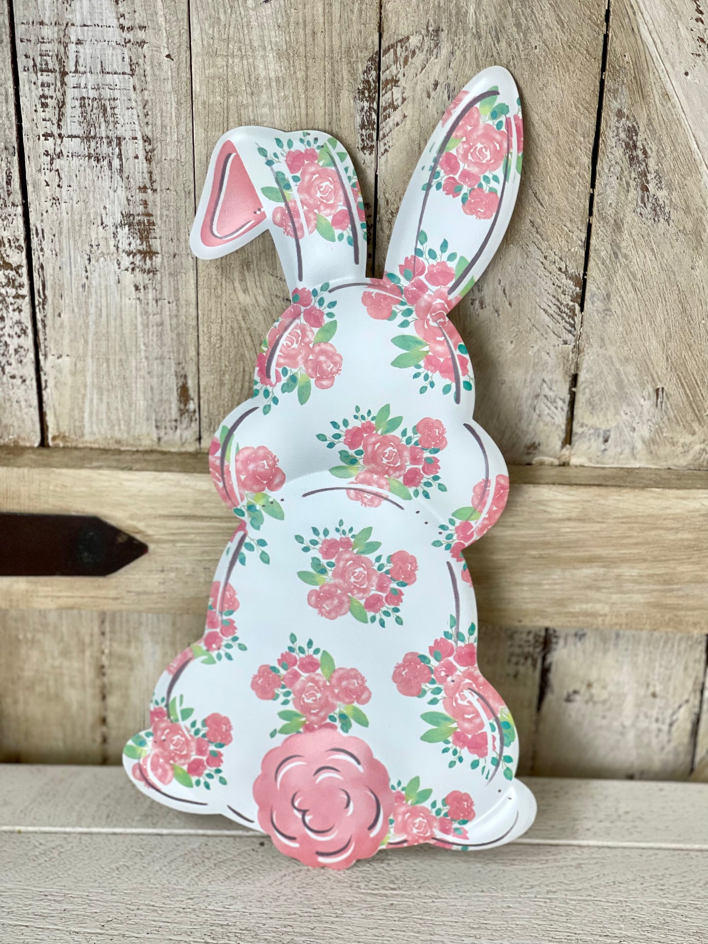 Pink Floral Metal Bunny Sign