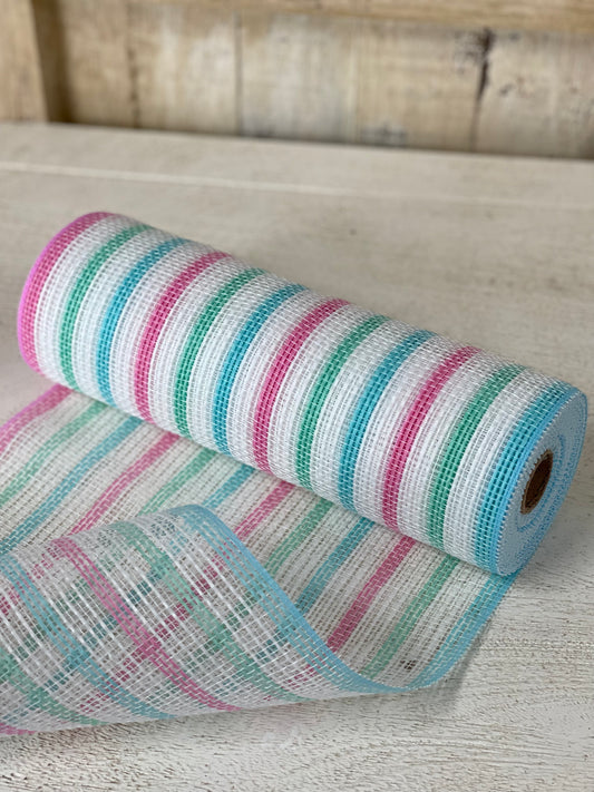 10.25 Inch By 10 Yard Mint Light Blue Pink And White Striped Mesh