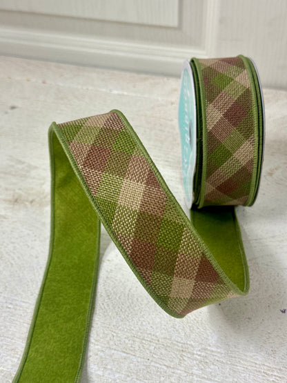 1.5 Inch By 10 Yard Moss Green Brown Beige Woven Check Fused Ribbon