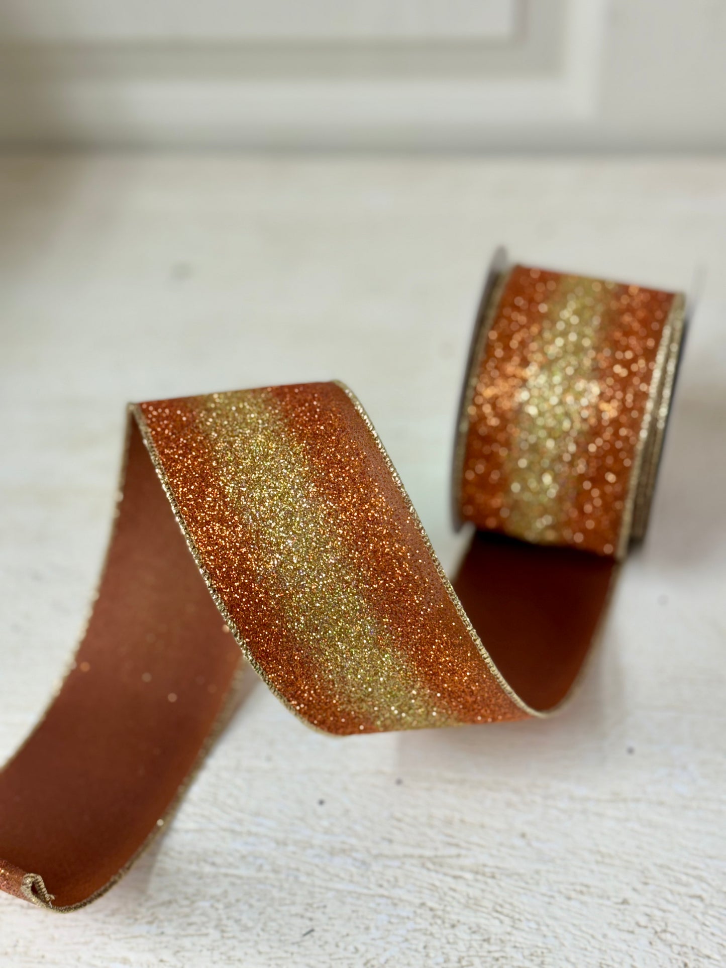 2.5 Inch By 10 Yard Brown Copper And Gold Gradient Glitter Ribbon