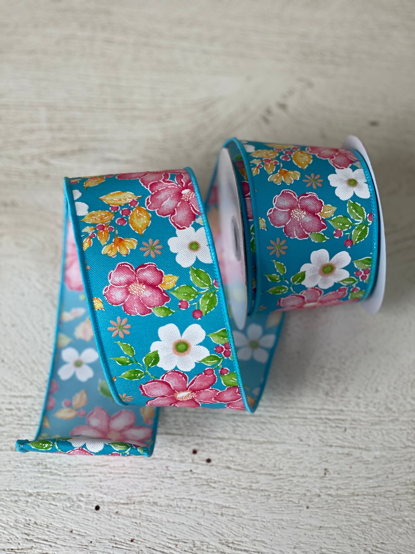 2.5 Inch By 10 Yard Blue Background With Watercolor Flowers Ribbon