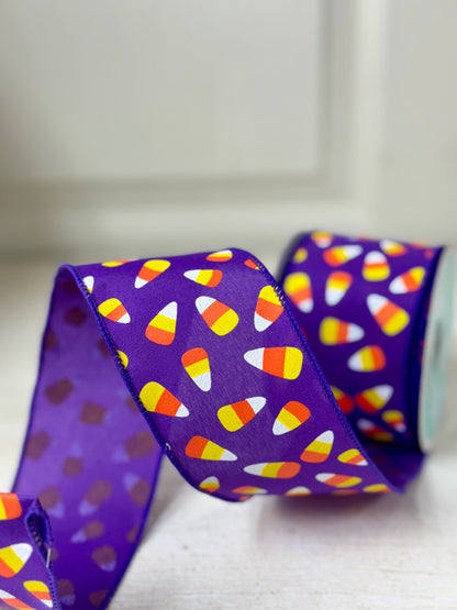 2.5 Inch By 10 Yard Purple Background With Candy Corn Ribbon