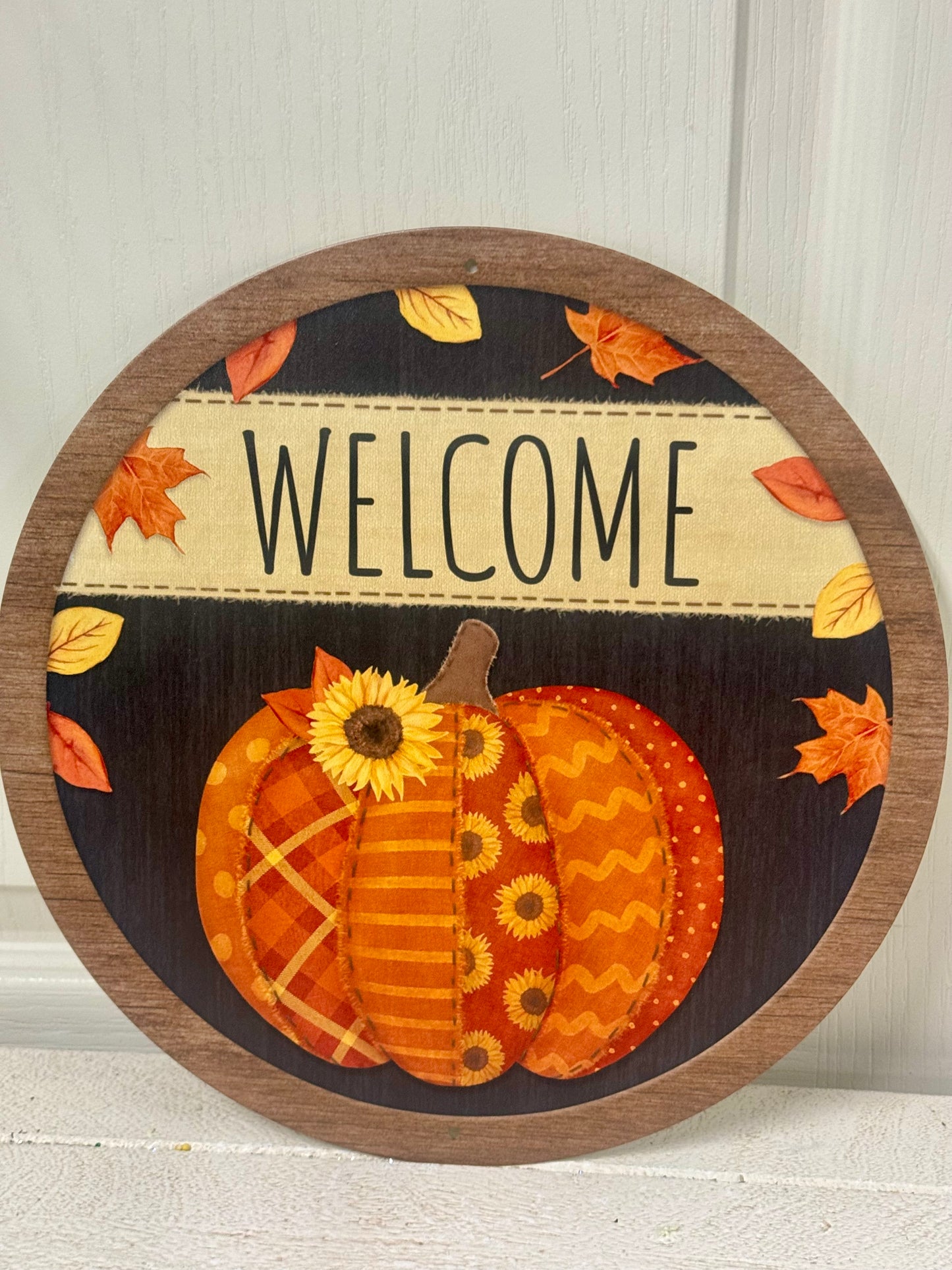 12 Inch Welcome Quilted Patch Pumpkin Metal Sign