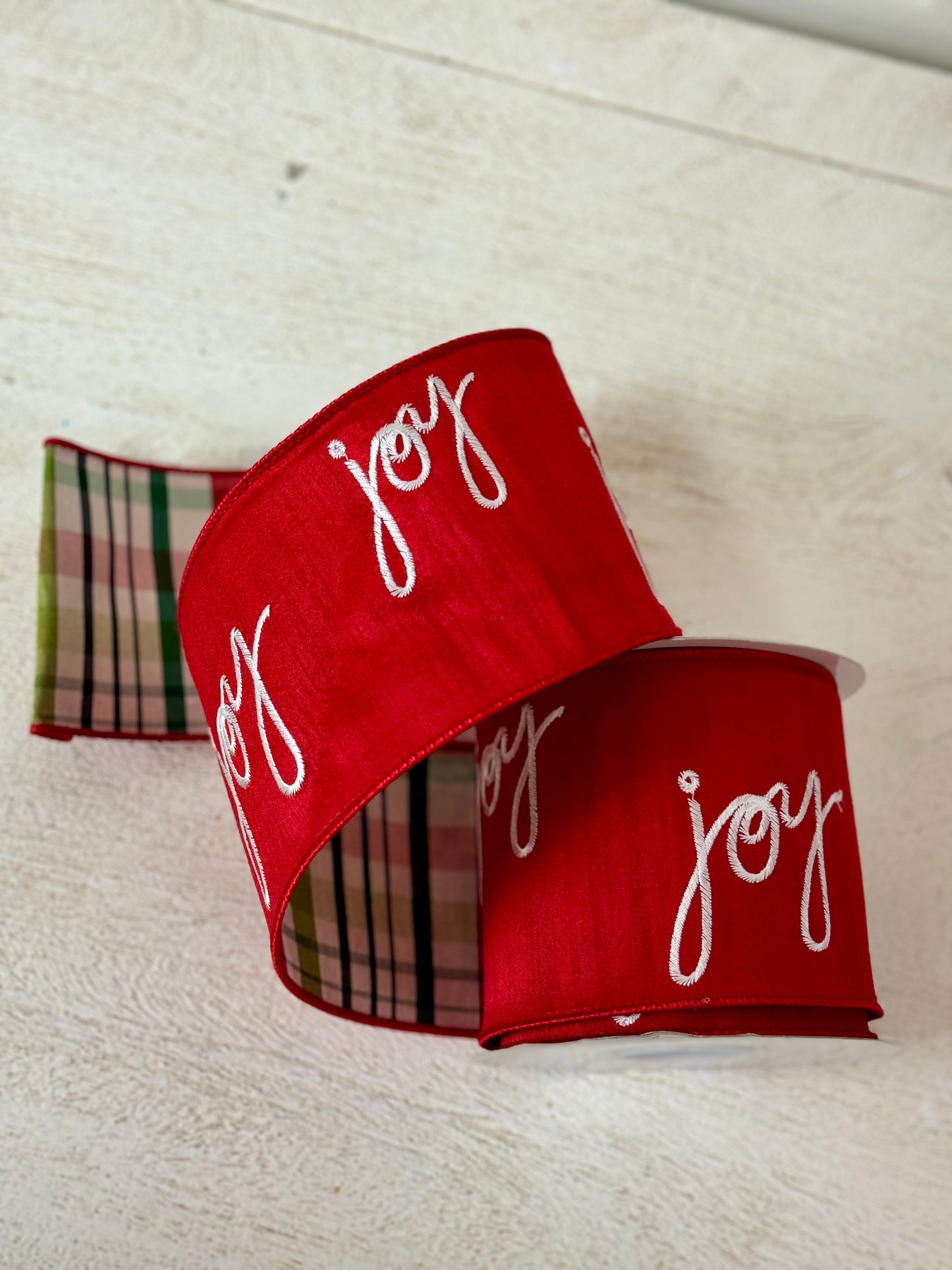 4 Inch By 10 Yard Red Faux Dupioni Joy Ribbon With Plaid Backing