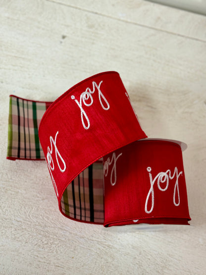 4 Inch By 10 Yard Red Faux Dupioni Joy Ribbon With Plaid Backing