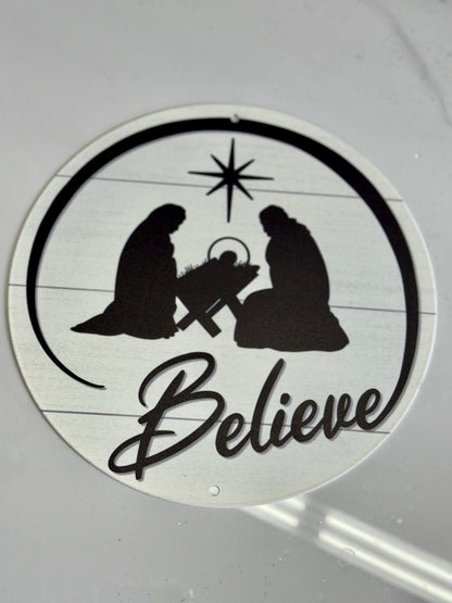 8 Inch Believe Black And White Nativity Scene Metal Sign