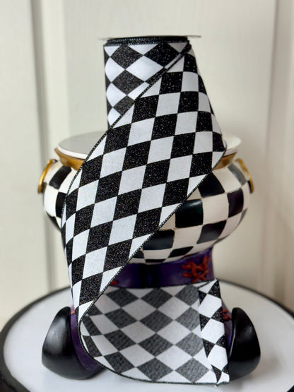 4 Inch By 10 Yard Black And White Harlequin Check Ribbon