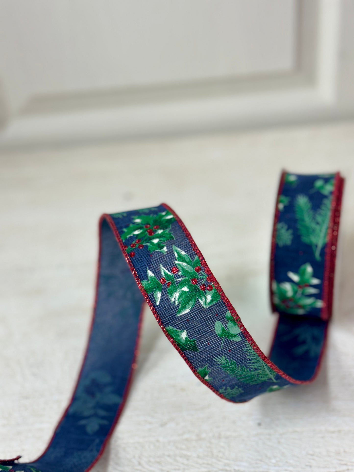 1.5 Inch By 10 Yard Navy Blue Winter Foliage Ribbon