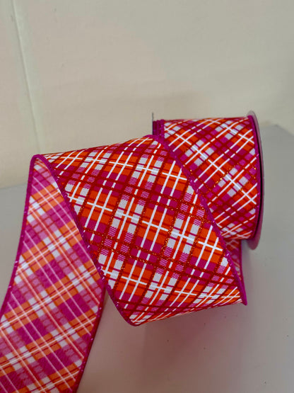 2.5 Inch By 10 Yard Orange Fuchsia And White Diagonal Plaid Ribbon