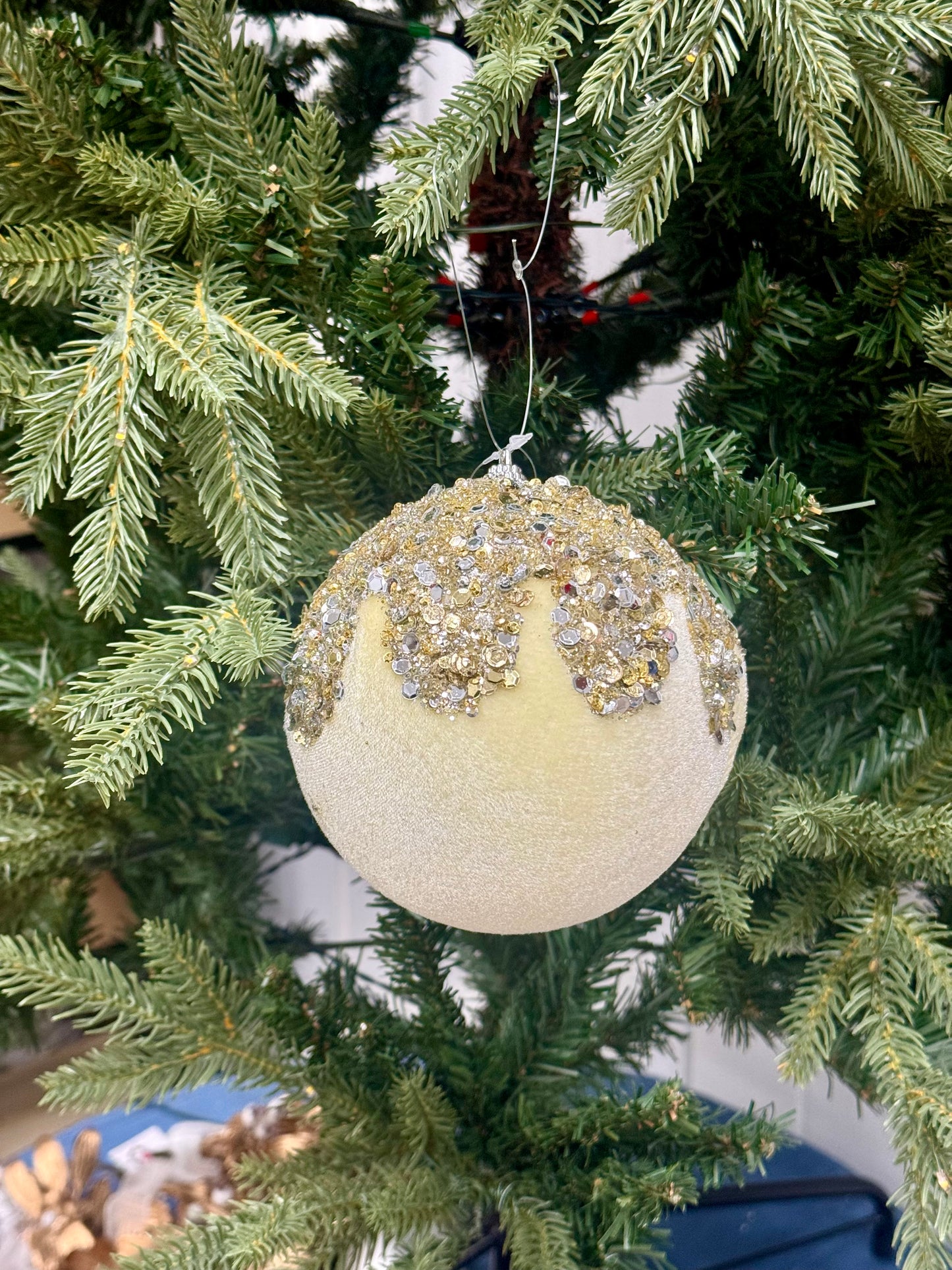 4.75 Inch Cream Silver And Gold Sequin Velvet Dripped Ornament