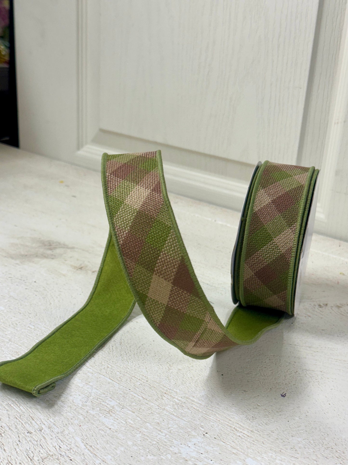 1.5 Inch By 10 Yard Moss Green Brown Beige Woven Check Fused Ribbon