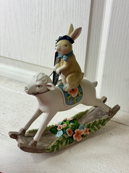 8.5 Inch Ceramic Bunny On Rocking Sheep