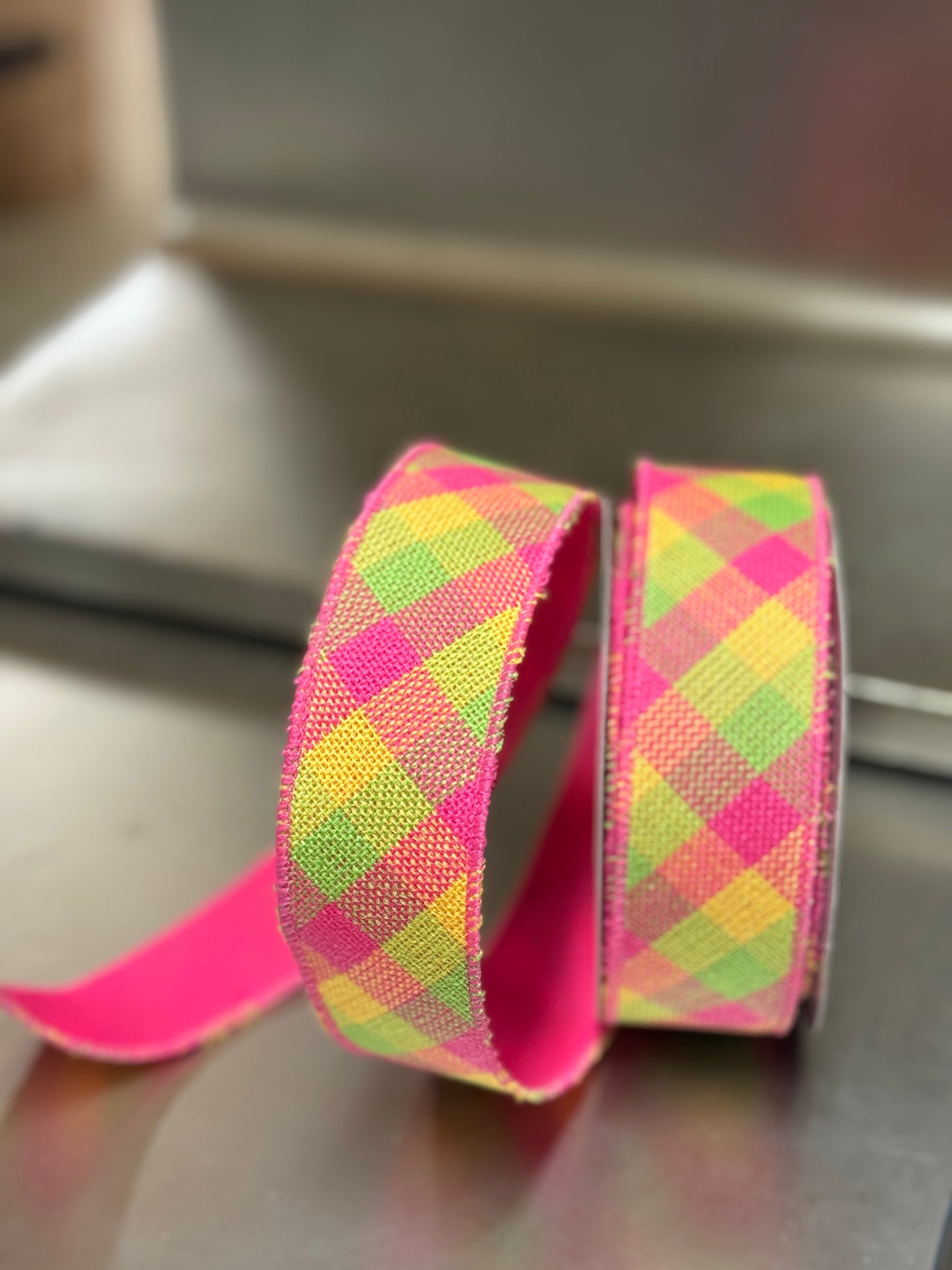 1.5 Inch By 10 Yard Hot Pink Lime And Yellow Woven Check Ribbon