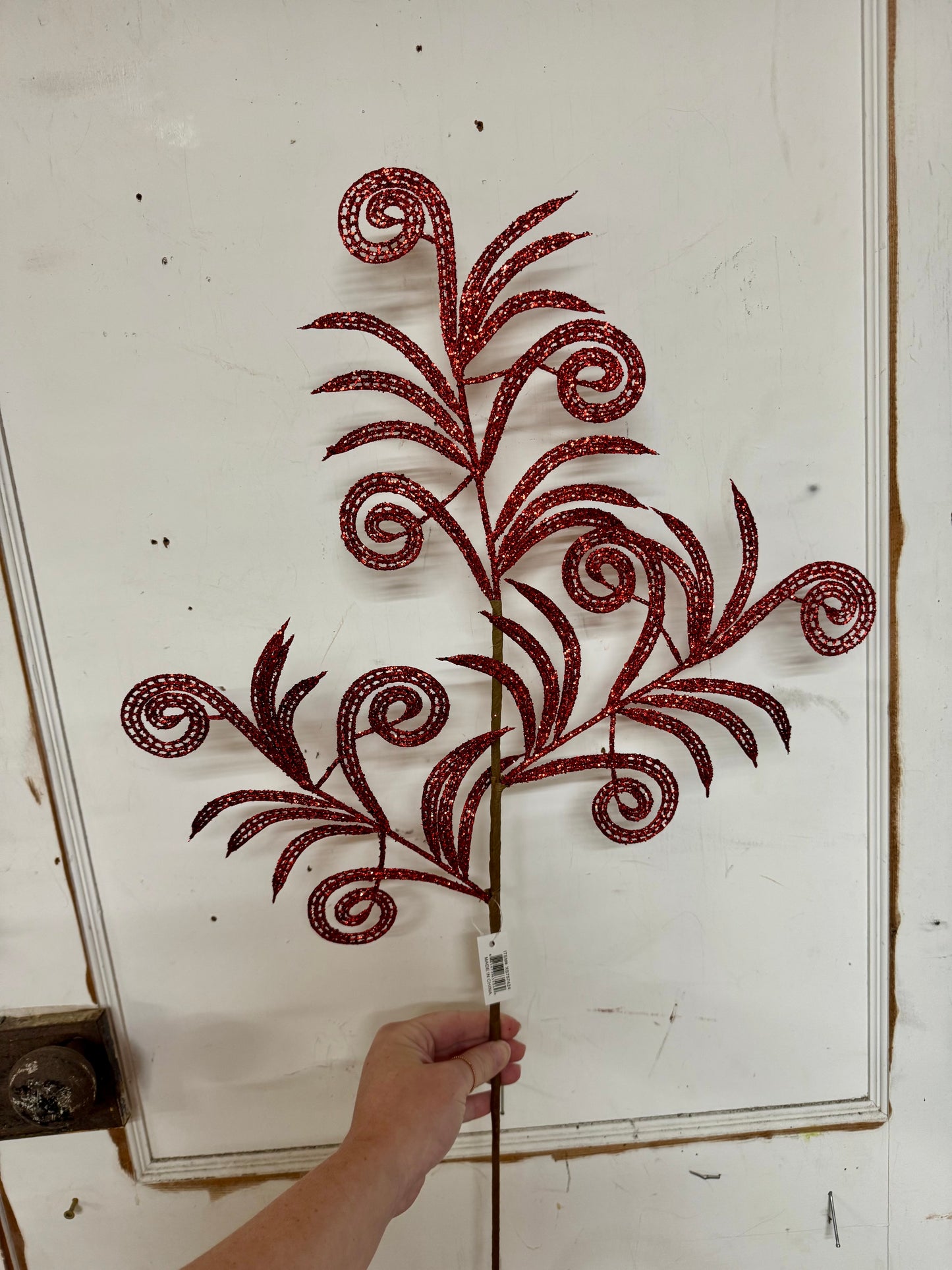 35 Inch Red Glittered Swirl Palm Spray