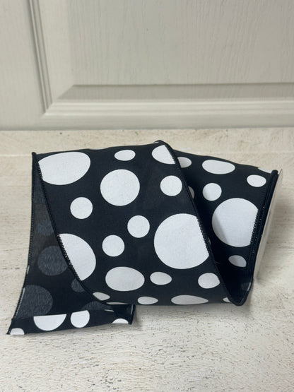 4 Inch By 10 Yard Black And White Polka Dot Ribbon