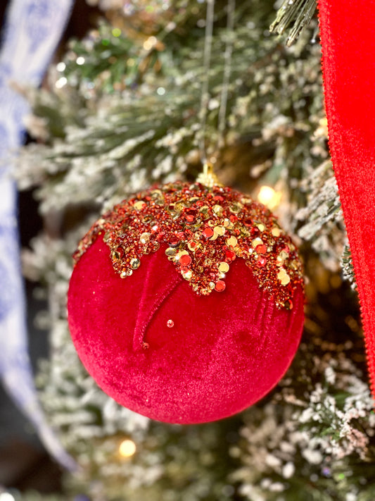 4.75 Inch Red And Gold Dripped Sequin Velvet Ornament Ball