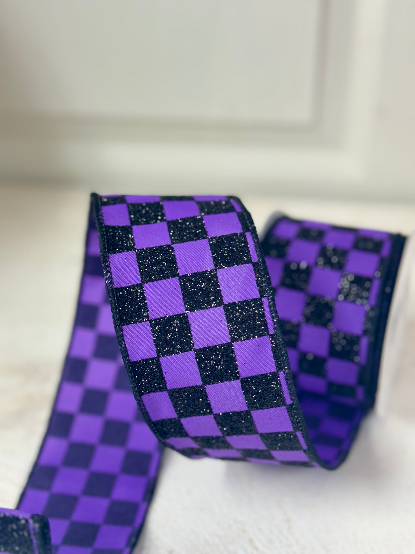 2.5 Inch By 10 Yard Purple And Black Glitter Check Ribbon