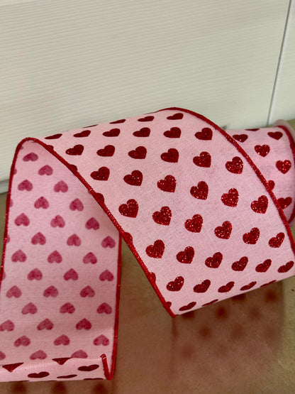 4 Inch By 10 Yard Pink And Red Glitter Heart Ribbon