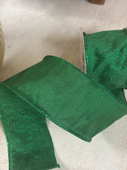 2.5 Inch By 10 Yard Emerald Green Metallic Dupioni Ribbon