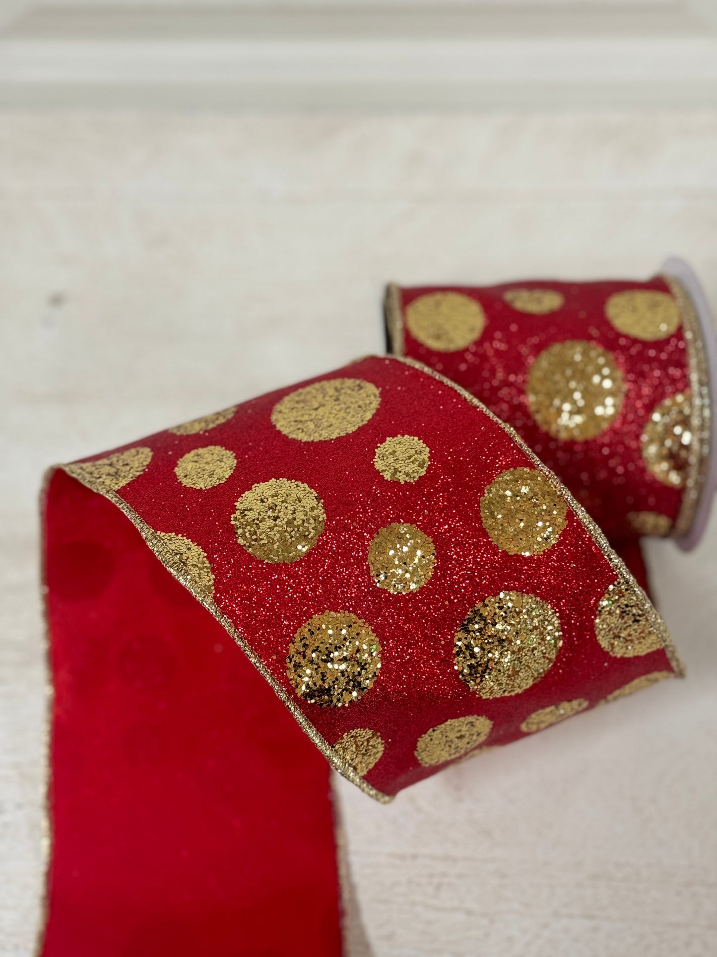 4 Inch By 10 Yard Red And Gold Glitter Giant Polka Dot Ribbon