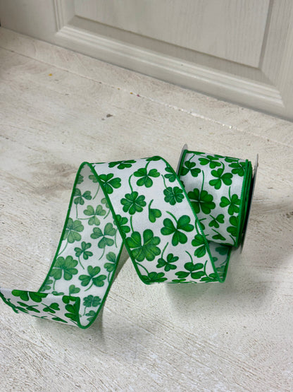 2.5 Inch By 10 Yard Green And White Shamrocks Ribbon
