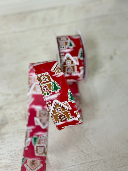 1.5 Inch By 10 Yard Red With Gingerbread Houses Ribbon