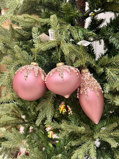 4-7 Inch Matte Rose Glitter Glass Ornament Three Styles