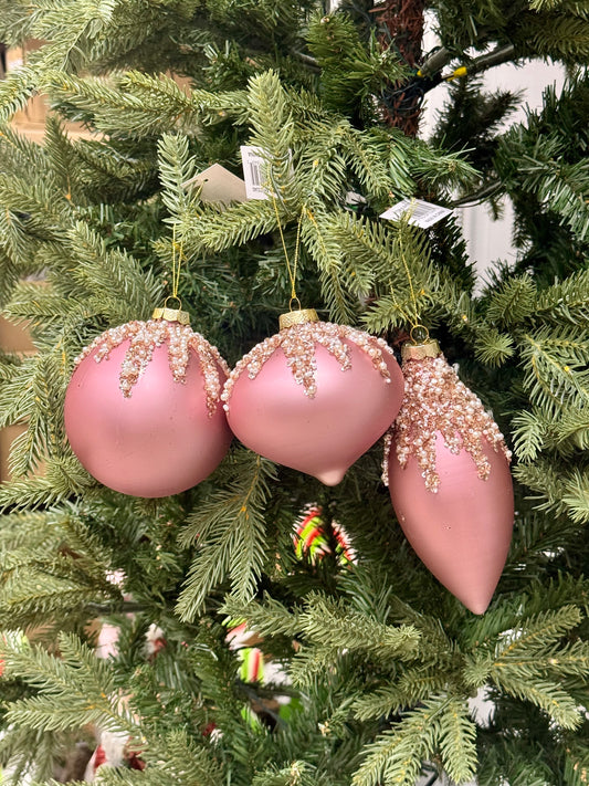 4-7 Inch Matte Rose Glitter Glass Ornament Three Styles