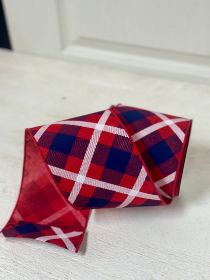 4 Inch By 10 Yard Red Navy Blue And White Plaid Ribbon