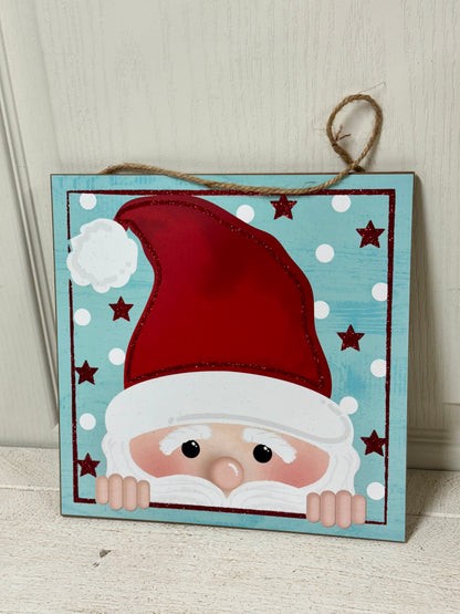 10 Inch Light Blue And Red Peeking Santa Face Square Wooden Sign