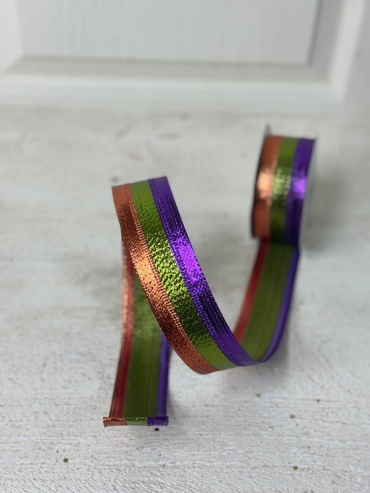 1.5 Inch By 10 Yard Purple Orange And Lime Metallic Stripe Ribbon